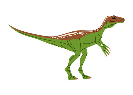 Eoraptor basal sauropodomorp, cartoon dinosaur. T-rex theropod, green dino extinct animal, dinosaur isolated cartoon animal. Vector cute character Eoraptorのイラスト素材
