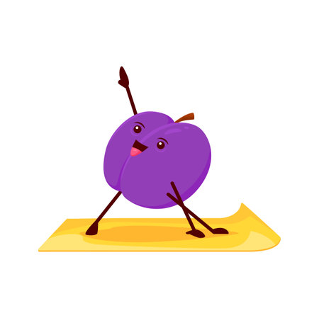 Cartoon plum character in yoga pose. Vector funny fruit stretching standing on mat finding balance in body and mind during wellness session. Health and mental practice of comic prune on yoga practiceのイラスト素材