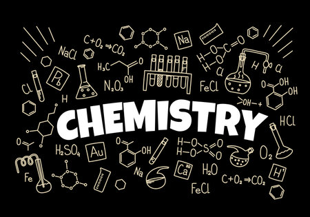 Chemistry background with formulas and symbols, vector education and science. Sketch chalk blackboard with organic chemistry research and laboratory equipment, chemical elements molecular formulasのイラスト素材