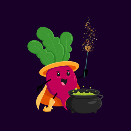 Cartoon radish Halloween vegetable wizard, witch and mage character. Vector magician veggies with potion pot and magic staff. Funny smiling sorcerer, healthy food fascinator brewing wiz concoctionのイラスト素材