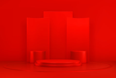 Red podium, realistic 3d platform or pedestal mockup for showcasing cosmetics during presentation. Vector background for promoting professional luxury beauty or skincare products on studio stageのイラスト素材