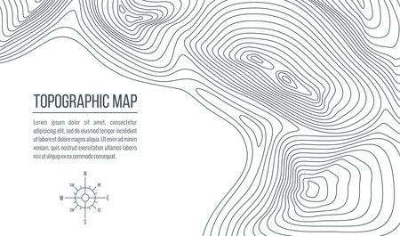 Topographic map. Grid, relief contour lines of abstract terrain, vector background of topography, cartography and geography themes. Topo map with vintage compass wind rose and isoline curves patternのイラスト素材