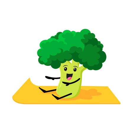 Cartoon broccoli vegetable character on yoga or pilates fitness sport. Vector ripe fresh veggies on stretching practice, funny comic personage in yogi pose partaking in wellness class sitting on matのイラスト素材
