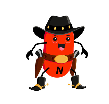 Cartoon vitamin N cowboy character from western, vector Wild West ranger. Funny cute vitamin N from cowboy saloon with handgun or shotguns in bandoleer, kids Western ,multivitamin cartoon mascotのイラスト素材
