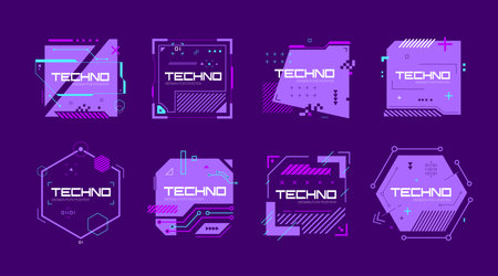 Glitch tech banners, technology abstract corrupted frames in cyberpunk style. Vector sci-fi text boxes with glitched effect in purple colors. Futuristic hi-tech badges for digital products promotionのイラスト素材
