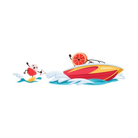 Playful cartoon lychee fruit enjoying jet ski water sports recreation on summertime ocean vacation. Isolated vector fresh humorous fruit personage partaking in outdoor fun and relaxation at sea wavesのイラスト素材
