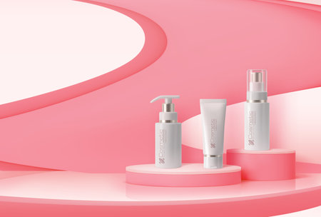 Pink or coral podium with cosmetics. Vector background with natural moisturizing cosmetic product bottles. Cream tubes luxury skin or face care production mockup standing in studio showroom interiorのイラスト素材