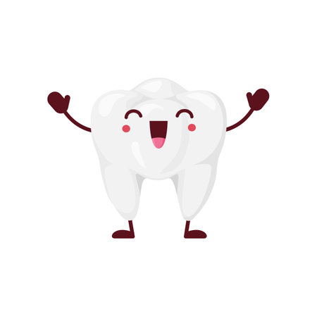 Cartoon tooth human body organ character. Happy and healthy vector oral cavity personage, clean and white tooth with smiling face. Dentistry, stomatology health care cheerful positive emojiのイラスト素材