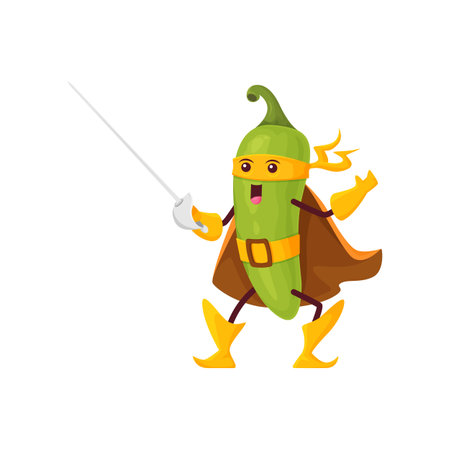 Cartoon mexican green jalapeno pepper superhero character. Funny vector chili vegetable in yellow super hero cloak and mask with epee or rapier. Kids menu personage, isolated powerful spice foodのイラスト素材