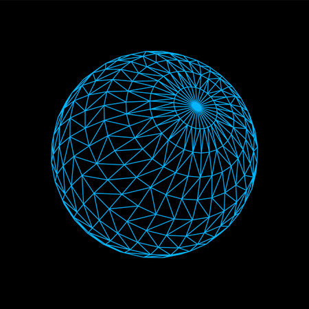 3d futuristic sphere and polygon ball shape. Cyberspace 3d ball, futuristic geometric vector structure or sphere shape, digital technology blue wire line hologram. Wireframe data visualization ballのイラスト素材