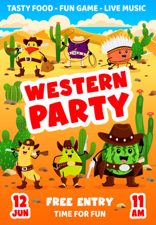 Kids western party flyer, cartoon cowboy, sheriff and robber fruits characters. Vector invitation poster with funny quince, plum, orange and banana, pear or watermelon Wild west personages in desertのイラスト素材