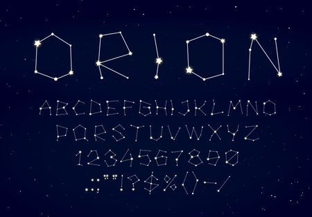 Star space font or type. Starry constellation typeface, galaxy alphabet letters and numbers on night sky background. Vector abc of twinkle stars with sparkles and shiny light, astrology and astronomyのイラスト素材