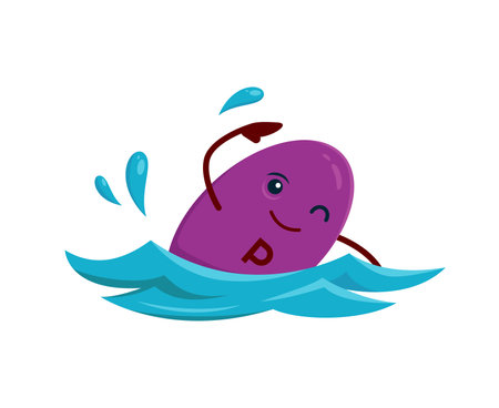 Cartoon vitamin P swimming character. Vitamin capsule, healthy nutrition mineral pill or micronutrient dragee cheerful vector mascot. Food supplement funny personage swimming in ocean on vacationのイラスト素材