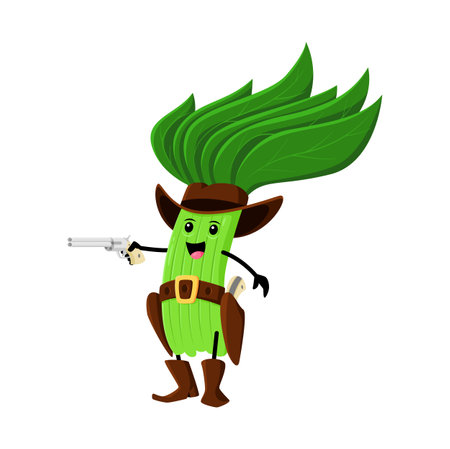 Cartoon spinach vegetable cowboy and ranger, sheriff, robber and bandit character. Funny vector courageous western green personage wear hat, belt and boots aiming with gun. Isolated fantasy foodのイラスト素材