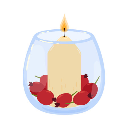 Aromatic spa candle in glass jar, isolated vector wax candlelight with burning fire flame light in round transparent bowl with rosehip berries. Scented home item for relaxation and meditationのイラスト素材