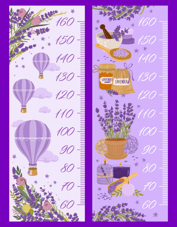 Height chart ruler with lavender. Kids growth meter, vector wall sticker for height measurement scale with cartoon flowers, hot air balloons, spa items and ingredients as aroma candle, soap and herbsのイラスト素材