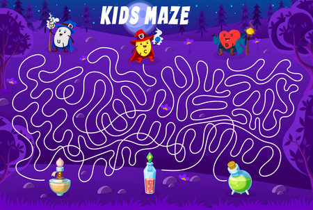Labyrinth maze game. Help to cartoon vitamin and micronutrient wizards find a magic potion. Kids vector boardgame with S-methylmethionine, Ascorbic acid and Calciferol mages on tangled path in forestのイラスト素材