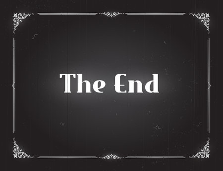 Film end screen with borders, vintage silent movie cinema background. Video industry vintage grungy frame, Hollywood silent movie end, classic 30s cinema screen border or monochrome vector backdropのイラスト素材