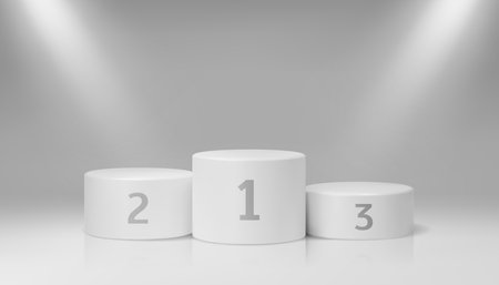 Sport stage podium, winner pedestal background. Sport competition position victory ceremony 3d realistic vector background with first, second and third place podiums illuminated spotlight beamのイラスト素材
