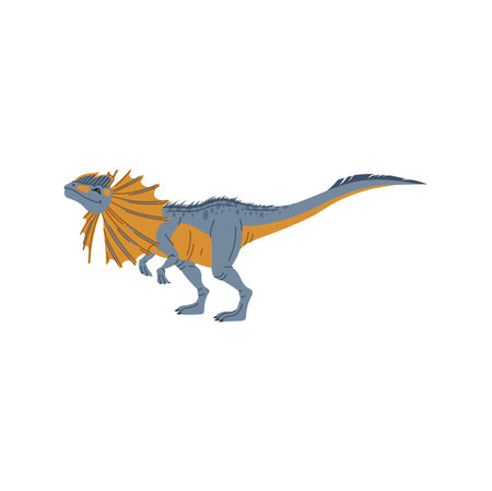 Dilophosaurus theropod dinosaur cartoon animal. Dino animal, baby dinosaur kids character. Dino with crest on neck, extinct prehistoric creatureのイラスト素材
