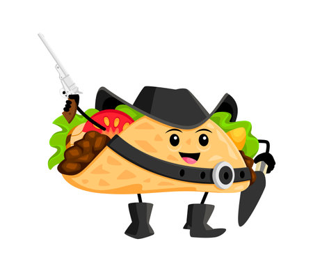 Cartoon fast food taco cowboy, sheriff character. Mexican cuisine meal Texas bandit cheerful character, taco western sheriff or Wild West ranger funny vector mascot or comical personage with pistolのイラスト素材