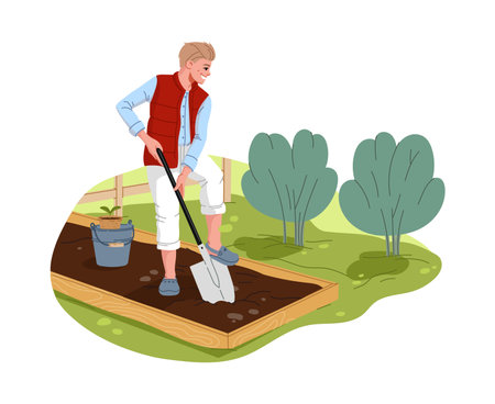 Cartoon farmer character planting vegetables at farm, vector agriculture and farming. Cheerful young man personage digging soil and planting seedling in garden bed with shovel, bucket and spadeのイラスト素材
