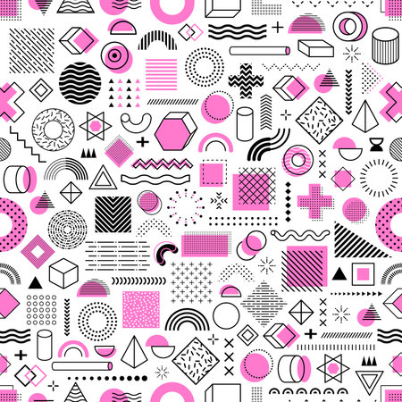 Memphis geometric shapes seamless pattern background of abstract elements, vector colors and forms. Memphis pattern shapes of doodle line dots, circle or zigzag and triangles, pink stars and cylindersのイラスト素材