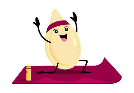 Cartoon happy pumpkin seed character on yoga or fitness sport. Vector healthy seed sitting on in asana pose with raised hands. Funny smiling personage wellness class, mind balance, yoga class practiceのイラスト素材