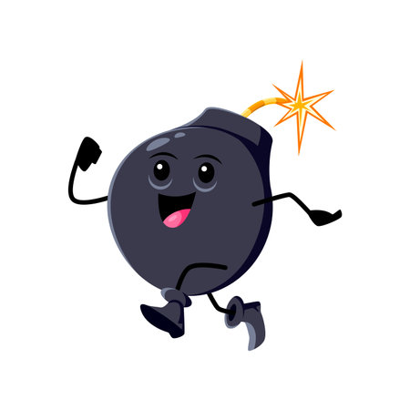 Cartoon bomb character with a big grin and burning fuse races along with energy and excitement, ready to explode with a boom. Isolated vector cheerful emoji personage with awick, explosive weaponのイラスト素材