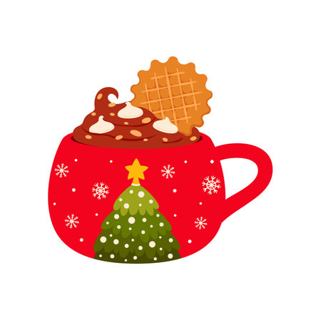 Cartoon Christmas cup with chocolate and cookies, mug with New Year fir spruce tree print. Vector cup with ice cream and ginger cookiesのイラスト素材
