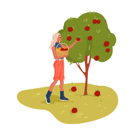 Cartoon gardener or farmer character picking apples from tree, vector agriculture, gardening or farming. Cheerful woman gathering ripe fruits with basket at farm garden, orchard worker personageのイラスト素材