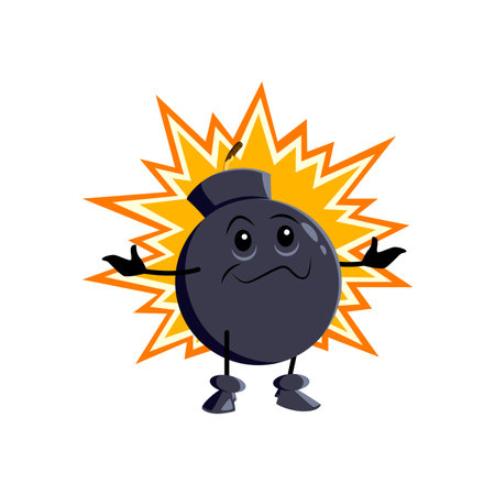 Cartoon bomb character, explosive weapon personage with burst, wick or fuse igniting chaos, danger, and suspense with its powerful face expression and pose. Isolated vector explode bomb makes big boomのイラスト素材