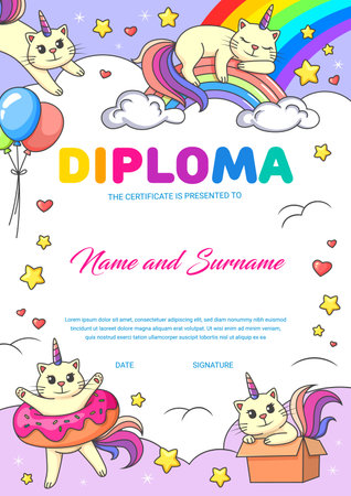 Kids diploma cartoon funny caticorn cats on rainbow. Vector vertical template of education or graduation school or kindergarten certificate with cute kawaii unicorn kittens. Award frame for winnerのイラスト素材