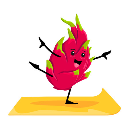 Cartoon dragon fruit character on yoga fitness. Cheerful pitaya isolated personage practicing yoga on mat, cute dragon fruit mascot or vector character doing fitness exercises or workoutのイラスト素材