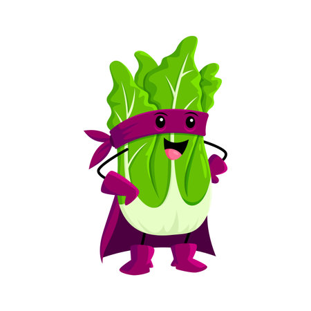 Cartoon cheerful romaine cabbage vegetable superhero character. Fresh vegetable warrior, strong defender or hero isolated vector cute mascot. Cabbage superhero cute personage standing in cape and maskのイラスト素材