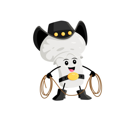Cartoon Wild West champignon mushroom cowboy character. Farm white mushroom Texas sheriff childish personage, champignon western cowboy or Wild West bandit isolated vector funny mascot with lassoのイラスト素材