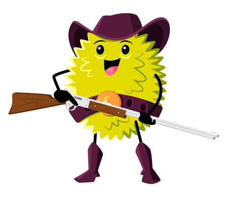 Cartoon durian or jackfruit fruit ranger character. Vector tropical plant in cowboy hat, boots, belt holding rifle. Funny vitamin fairytale healthy food ready for feat, kids menu sheriff personageのイラスト素材