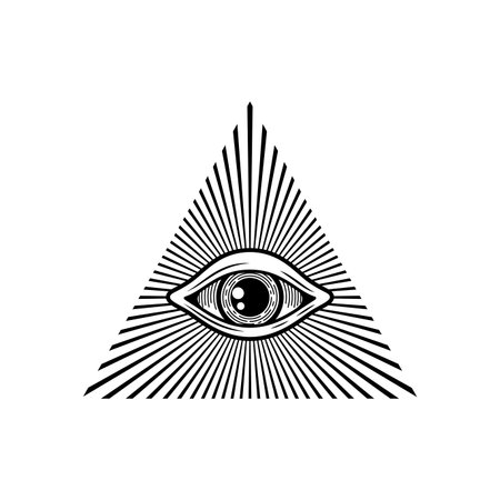 Eye of providence conspiracy theory magic talisman. Vector masonic symbol, all seeing eye inside triangle pyramid. Sacred triangle with vision signのイラスト素材