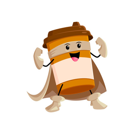 Cartoon fast food coffee cup superhero character. Street cafe or restaurant hot drink defender cheerful mascot, cappuccino or espresso hero or takeaway coffee isolated vector comical personageのイラスト素材