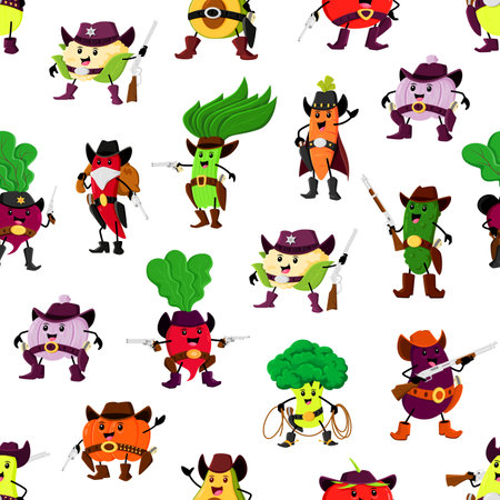Cartoon vegetable cowboy and rangers seamless pattern. Funny Wild West veggie food vector characters background with cute carrot, zucchini and broccoli sheriff, happy western bandit tomato and garlicのイラスト素材