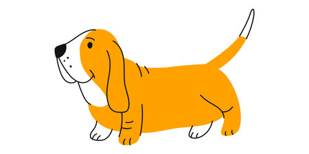 Cartoon puppy animal, cute dog dachshund doodle. Vector smiling canine adorable dog portrait. Lying German badger-dog funny pet animalのイラスト素材