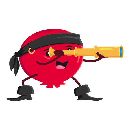 Cartoon cranberry pirate character with spyglass. Vector corsair berry in carnival buccaneer costume black headband and boots looking in glass. Vitamin plant personage isolated freebooter or picaroonのイラスト素材