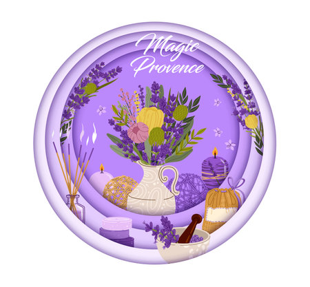 Lavender paper cut banner with flowers and cosmetics. Floral bouquet of provence spring flowers, plants and herbs in vector round frame of 3d papercut layers with lavender soap, essential oil, candlesのイラスト素材