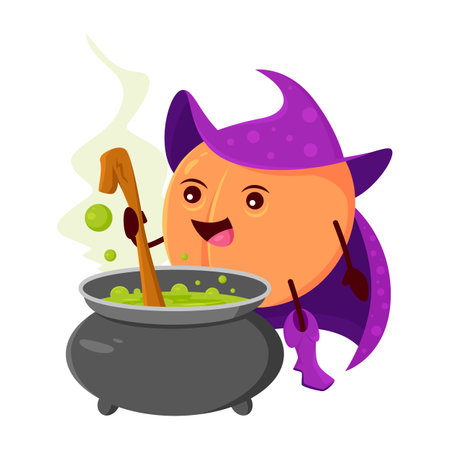 Cartoon peach or apricot fruit wizard or magician character brewing magic potion in cauldron. Funny ripe vector sorcerer, magic Halloween personage in witch hat and cape with pot. Wiz plant enchanterのイラスト素材