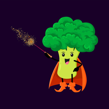 Cartoon Halloween broccoli vegetable wizard, witch and mage character. Vector veggies magician personage wielding a wand, evoking a sense of mystery, wonder and healthy eating habitsのイラスト素材