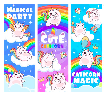 Caticorn magical party. Cartoon caticorn cat and kitten characters, rainbow and clouds. Vector vertical banners with cute kawaii fantasy animals, heavenly feline unicorn with wand, balloons, ice creamのイラスト素材