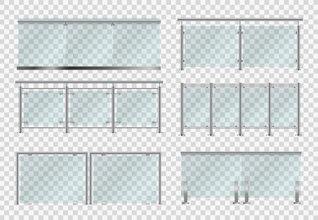 Glass fence, banister, realistic balustrade rail isolated 3d vector set. Architectural plexiglass guardrail for balcony or office terrace mockup, transparent partition with metal poles front viewのイラスト素材