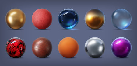 3d texture spheres. Gold, silver, metal and glass, stone and rubber, chrome and ice ball. Isolated vector spherical objects set with intricate patterns that create a tactile and immersive experienceのイラスト素材