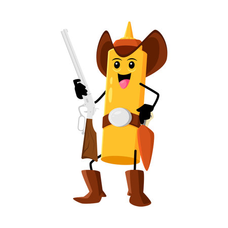 Cartoon fast food mustard cowboy, bandit character. Street food spice sauce western sheriff childish mascot, mustard bottle Texas ranger or Wild West bandit isolated vector cute personage with rifleのイラスト素材