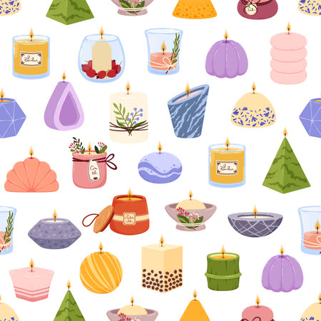 Aromatic SPA candles, seamless pattern background, vector aroma scented lights. SPA candles and aromatherapy tealights and candlesticks pattern of aroma wax candles and fragrance candlelightのイラスト素材